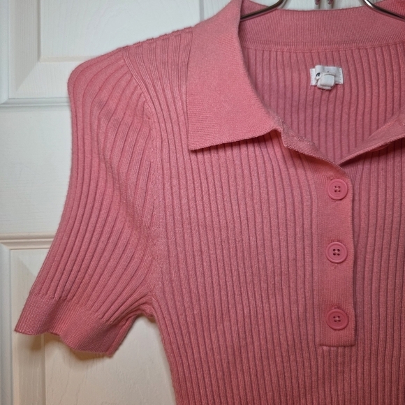 Aerie Ribbed Stretch Polo Top Short Sleeve Knit Sweater Shirt Coral Pink M - Picture 2 of 8